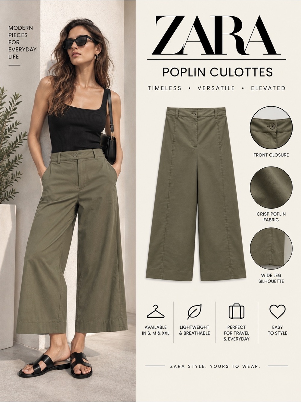 ZARA Mid Khaki Poplin Culottes NWT Sizes S, M & XXL